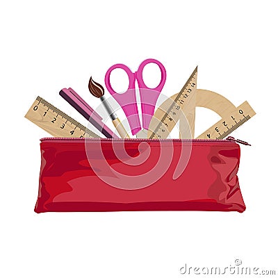 Colorful pencil case with rulers and pencils on white isolated background. Vector Illustration